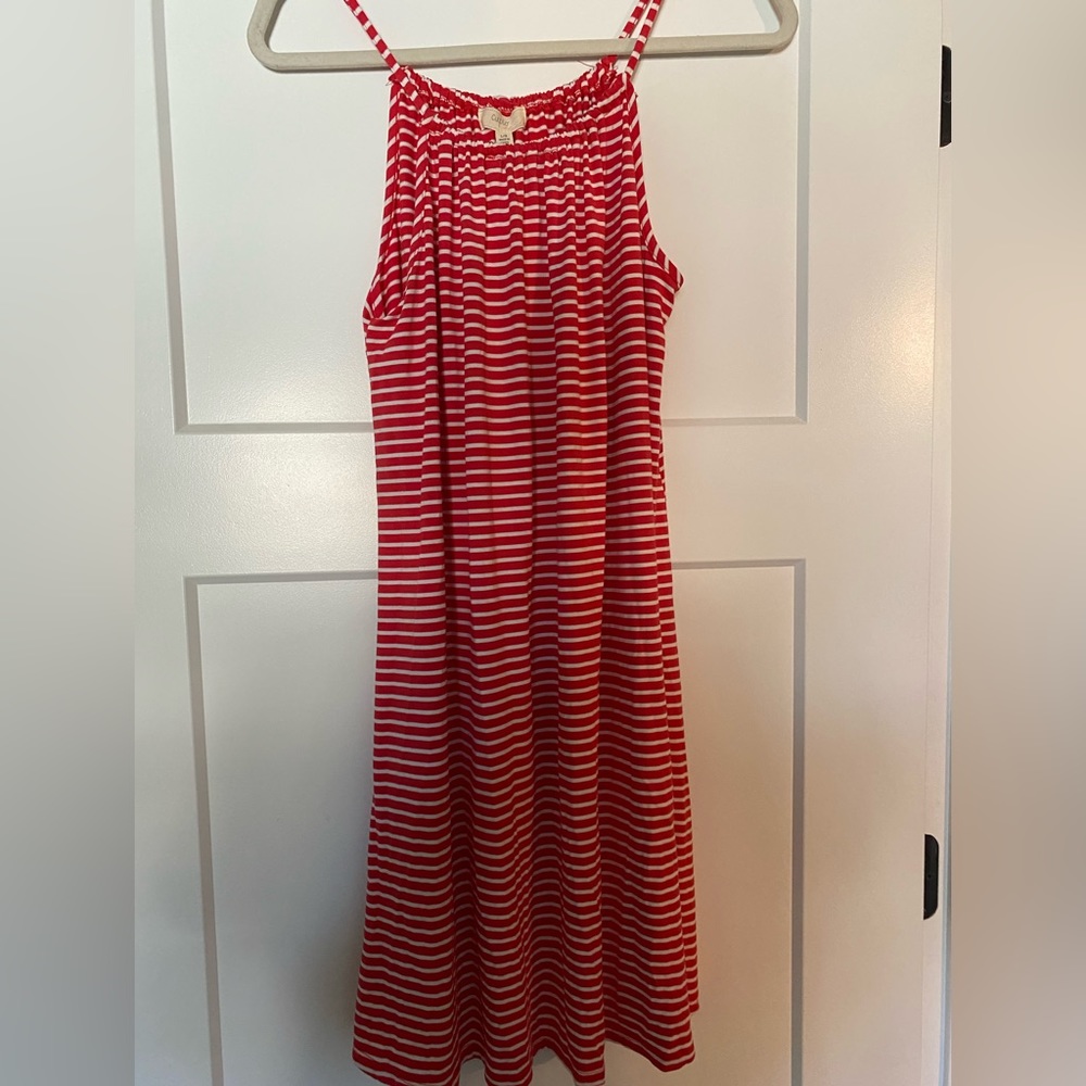 Cupio woman’s sund dress, red/orange and white stripe Size L